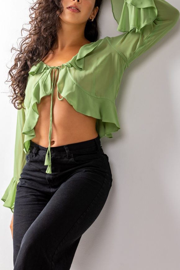 Green mesh ruffle top